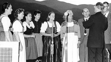 Members of the Trapp family as they gave a public concert at the family lodge in Stowe, Vermont, in 1966